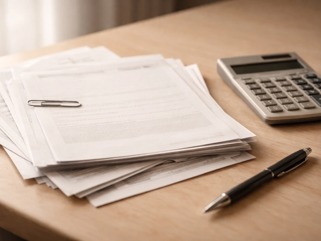 Close-up of mortgage documents and property tax bills on a desk with a pen and calculator