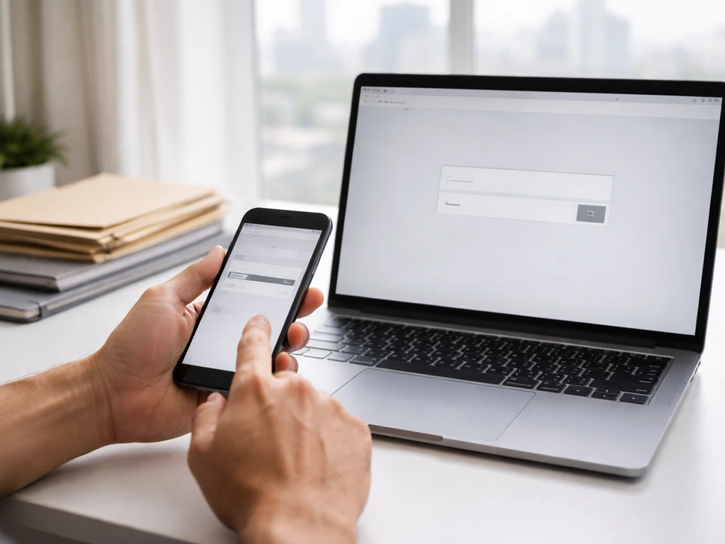 Hands using phone and laptop to search public records on a clean desk with property documents nearby