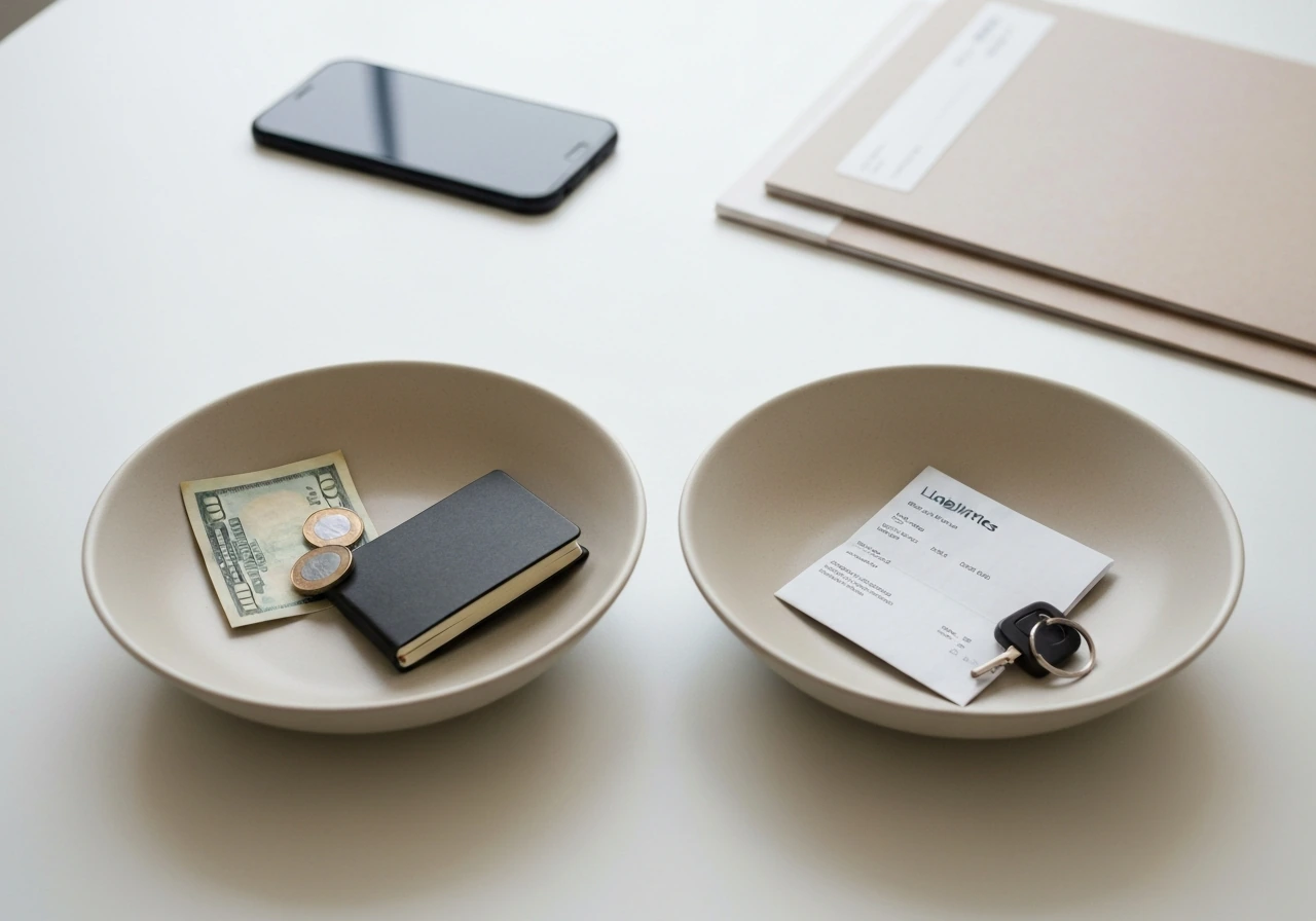 Minimal desk photo showing two bowls separating asset-like items and liability-like items.