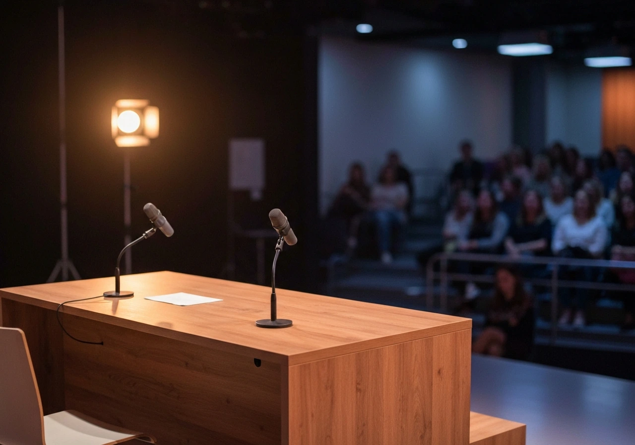 Empty TV studio set with a host desk and microphones, suggesting a reality dating show appearance context.
