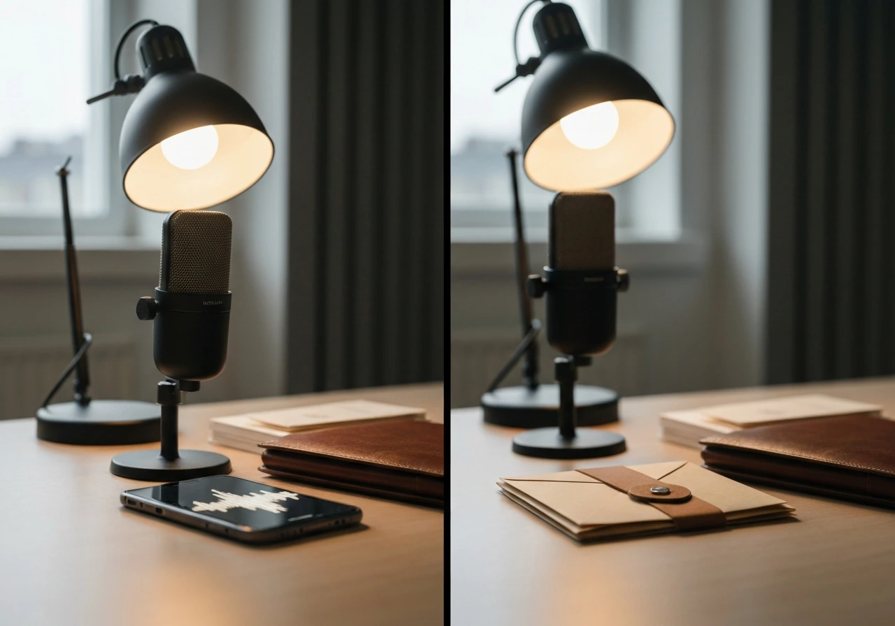 Minimal studio desk with podcast mic and neatly stacked envelopes suggesting media production revenue and income streams