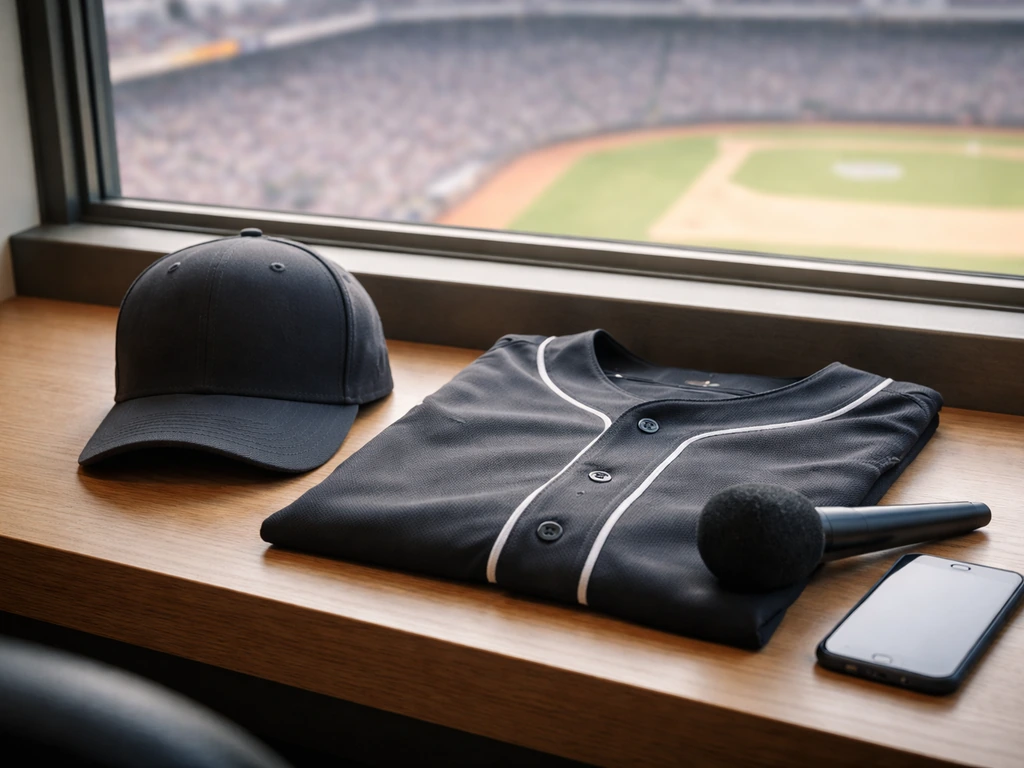Unbranded baseball cap and jersey on a desk with a microphone in a quiet sports media area.