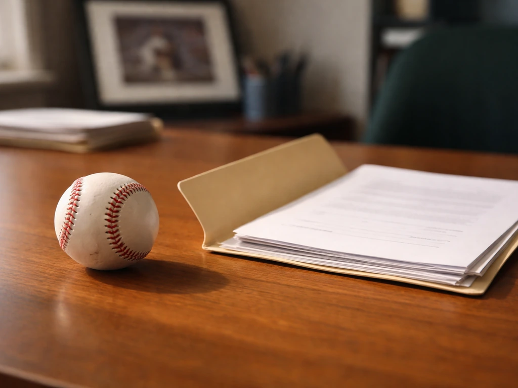 Minimal photo of a baseball resting on a tidy desk beside a contract folder, symbolizing early career earnings.