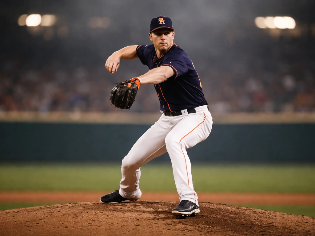 Astros-era pitcher on the mound mid-throw under stadium lights, minimal background, realistic action photo