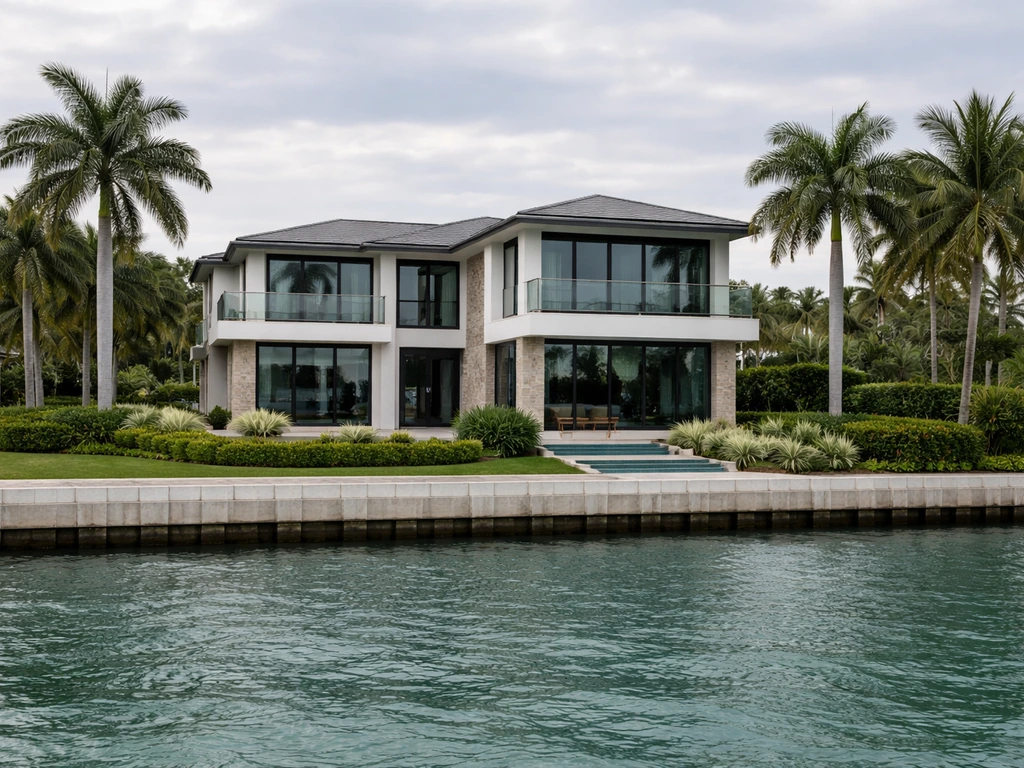 Modern two-story waterfront home in Jupiter, Florida with calm shoreline and lush landscaping.