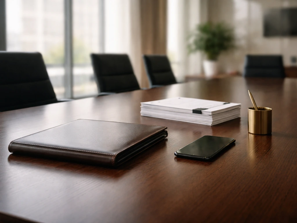 Boardroom desk with documents and a smartphone, softly lit for an executive net-worth context.