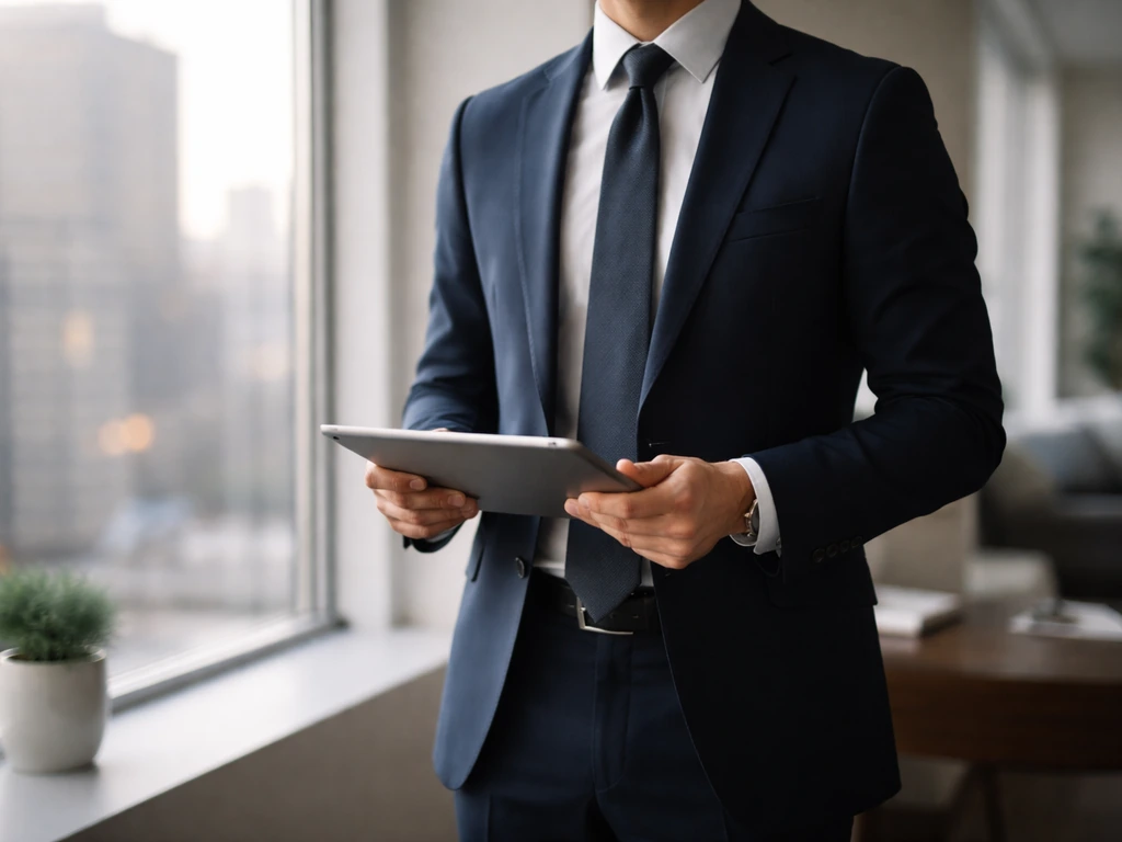 Anonymous business executive in a modern office, holding a tablet near a window with soft city light
