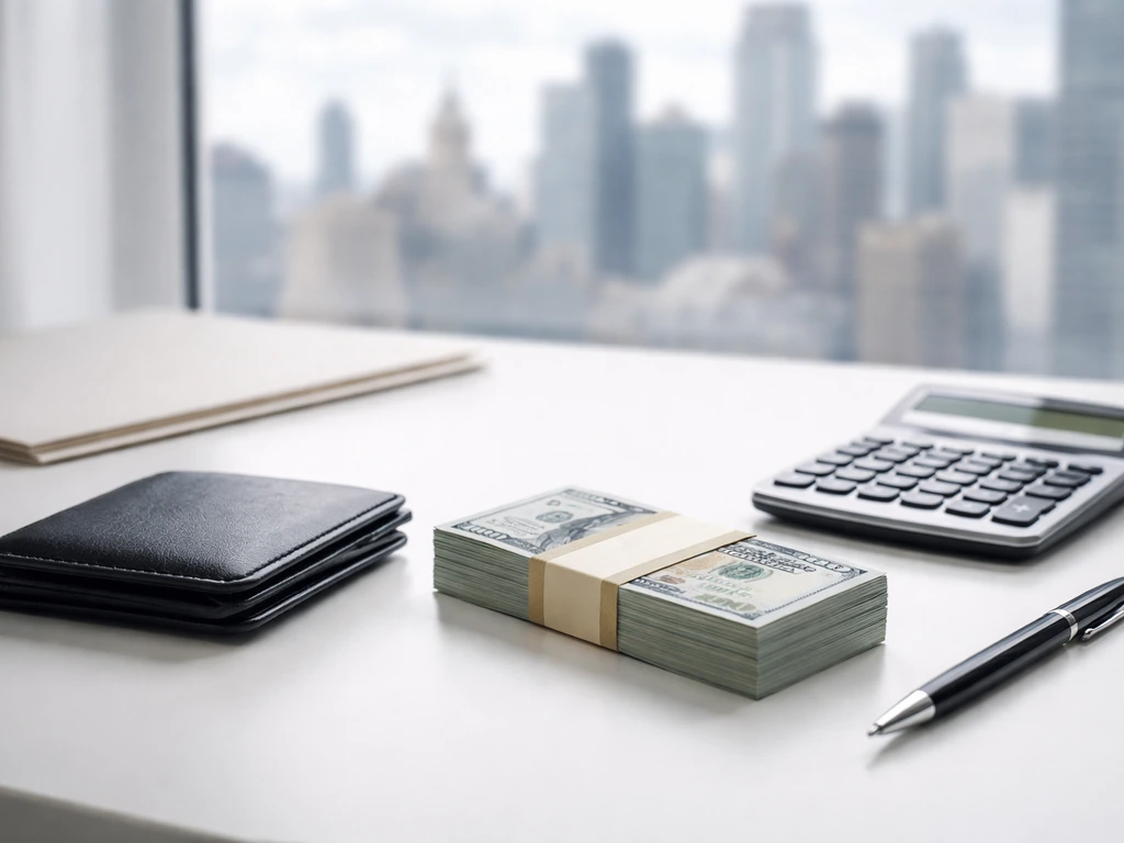 Minimal business desk scene with wallet and cash, symbolizing an estimated net-worth range.