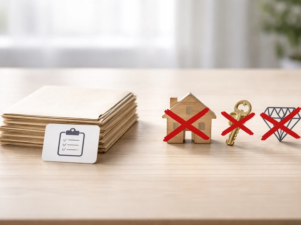 Minimal “confirmed vs inferred” style visual with document card vs crossed-out luxury asset icons
