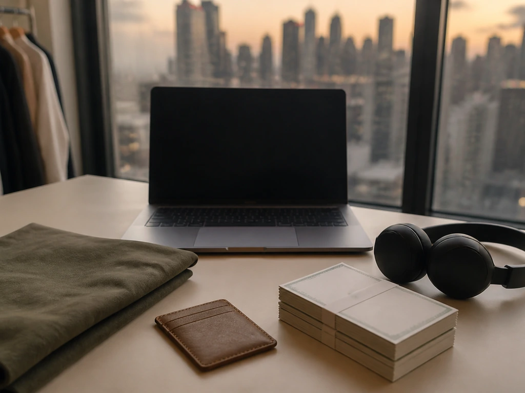 Minimal photo of a dimly lit fashion workspace with a laptop, currency and a headset suggesting multiple identities