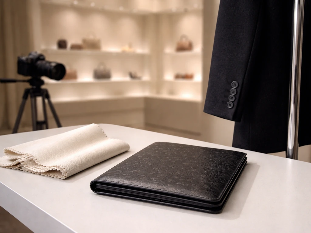 Minimal studio desk with fashion materials and luxury monogram folder, hinting at brand and high-end collaboration.
