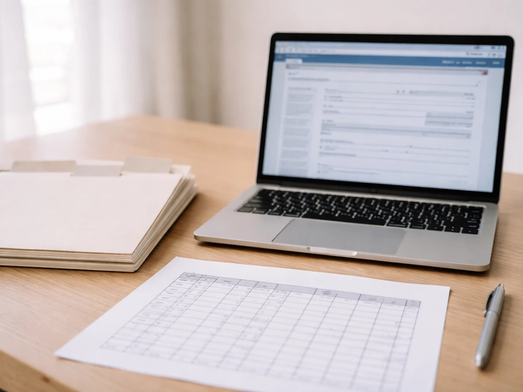 Minimal desk scene with a laptop showing generic filing layout and a blank wage-style table sheet.
