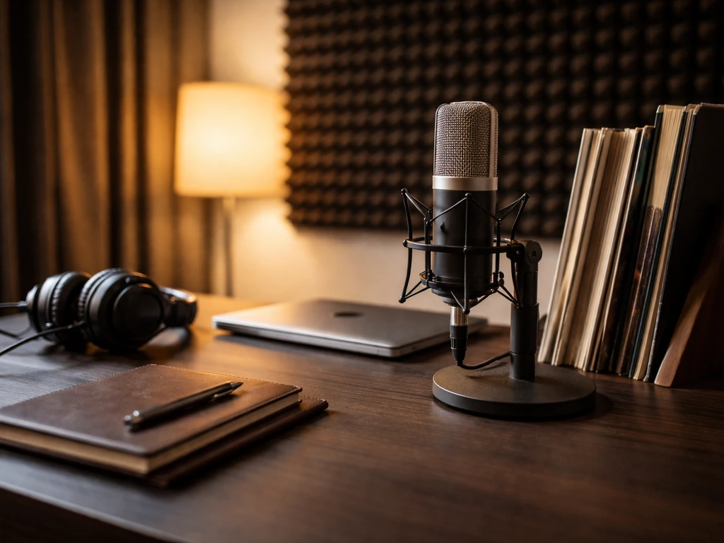 Music producer workspace with studio microphone, vinyl records, and a laptop on a desk