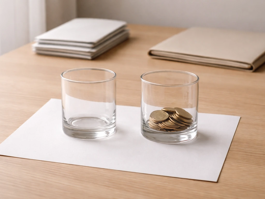 Minimal desk setup with coins and envelopes in two containers symbolizing assets minus liabilities.