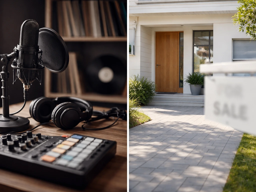 Studio desk with microphone beside a sunlit upscale home entrance, suggesting media and real estate income.