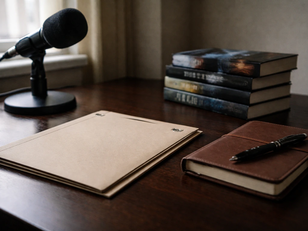 Anonymous writer desk scene with microphone and stacked thrillers symbolizing spy-thriller media and finance interest.