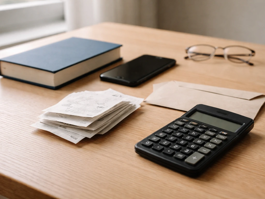 Minimal desk scene with a calculator and scattered business receipts suggesting net worth estimation