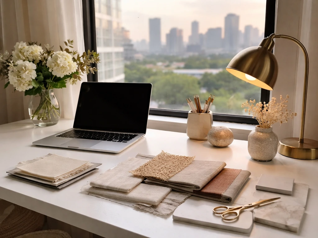 Minimal photo of a home-decor designer’s workspace with a laptop, fabric swatches, and a city view at dusk