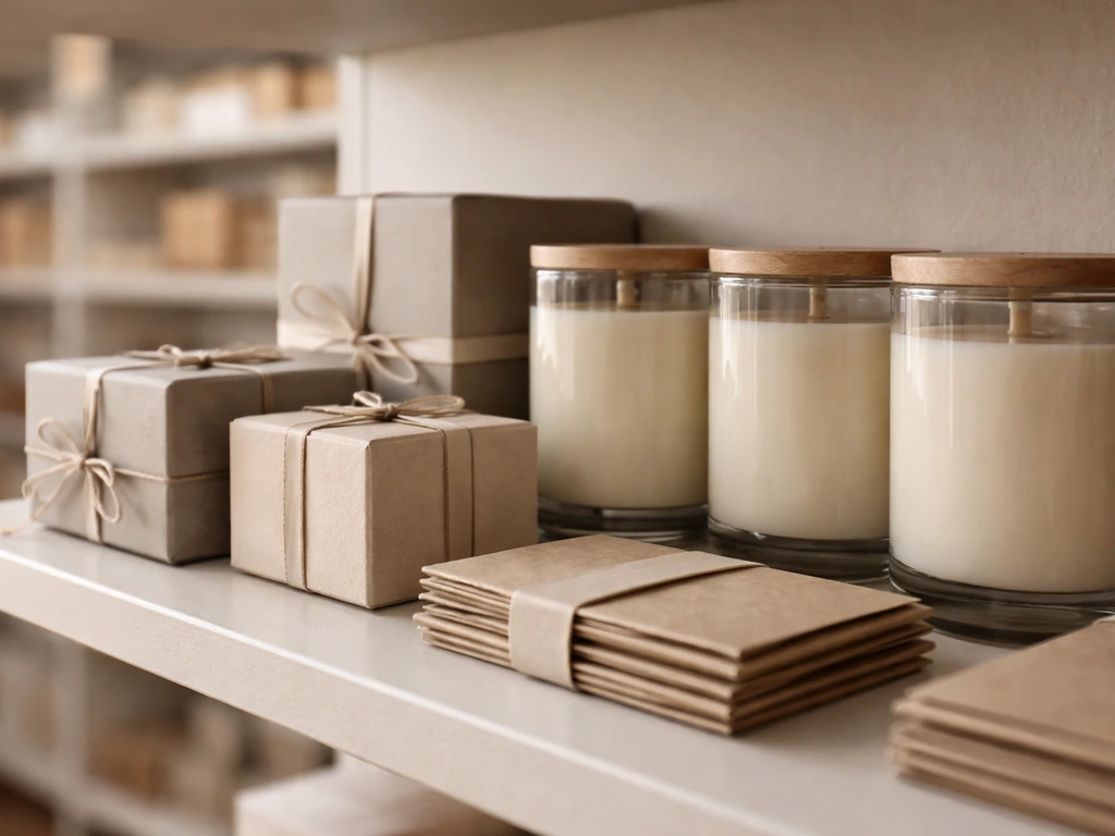 Close-up of home décor candles and boxes in a minimalist retail shelf setting, suggesting branded product revenue.