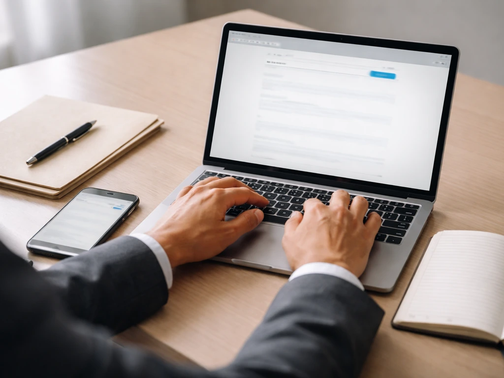Hands research on a laptop and phone at a minimal desk, symbolizing verifying public-record estimates.