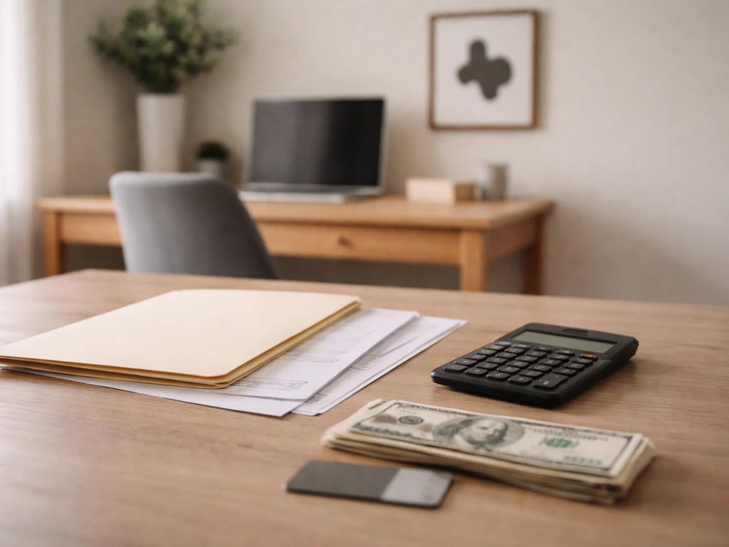 Minimal desk scene with calculator, money, and Texas-themed background symbolizing net worth research.