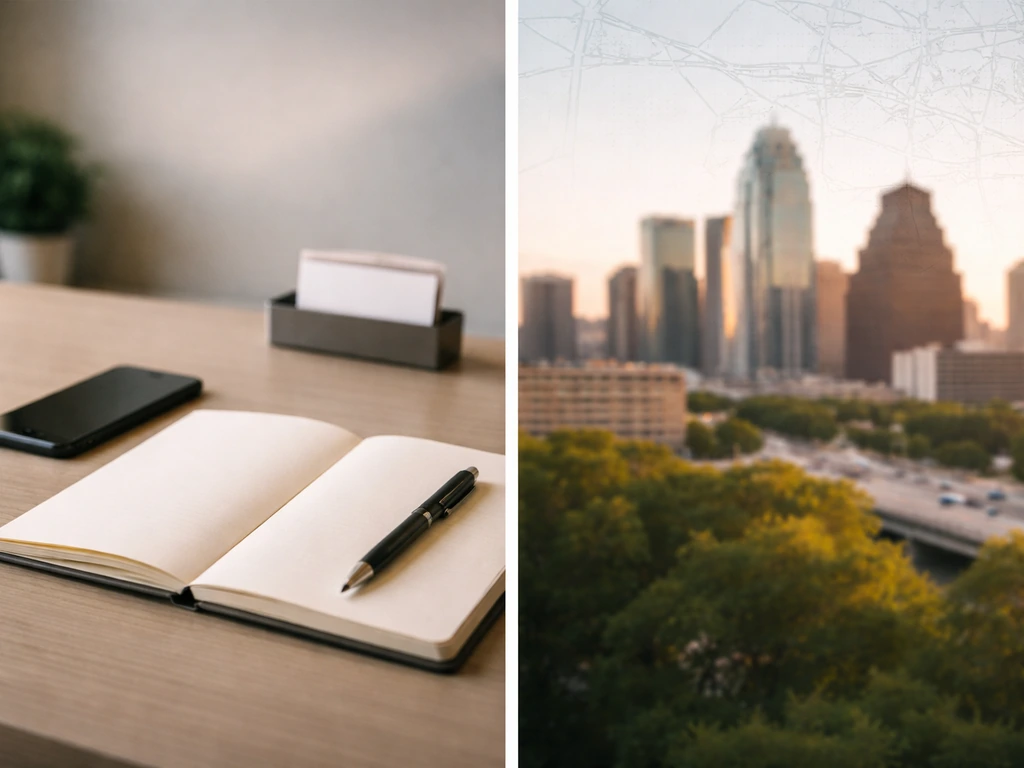 Minimal collage of a small desk with marketing items and a blurred Texas skyline in the background.