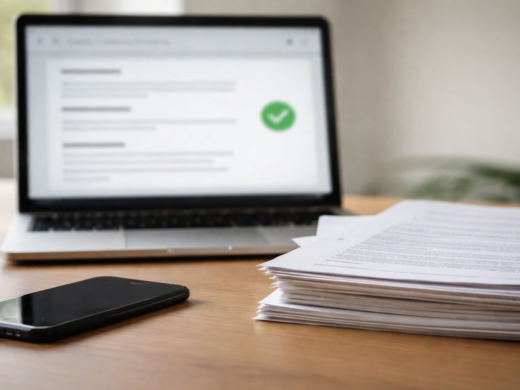 Close-up of anonymous desk with laptop showing a blurred verified company record page and paperwork.