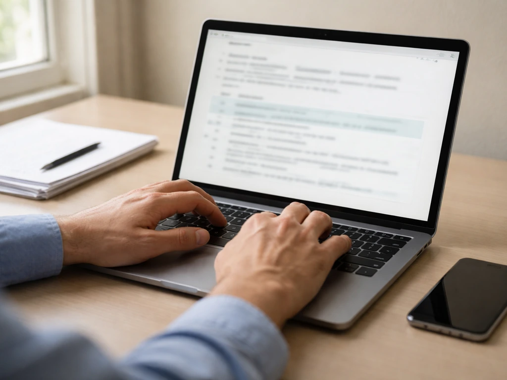 Person working at a desk with a laptop showing a generic search page for business records and updates.