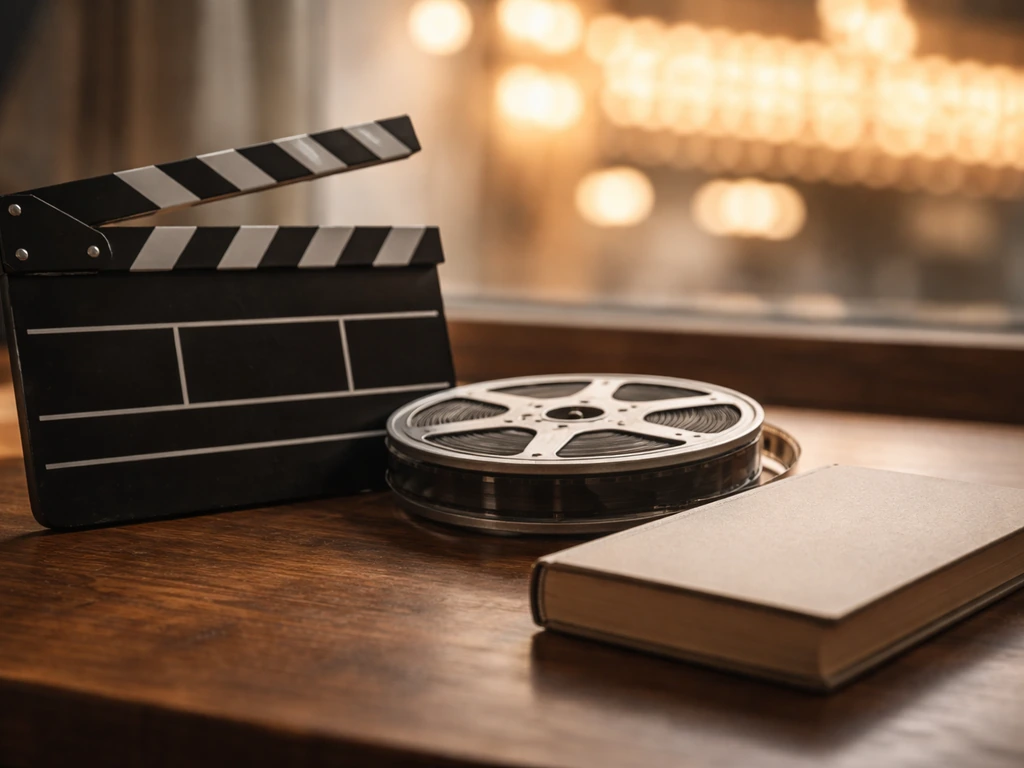 Minimal desk still life with clapperboard, vintage movie reel, and script book suggesting acting income drivers.