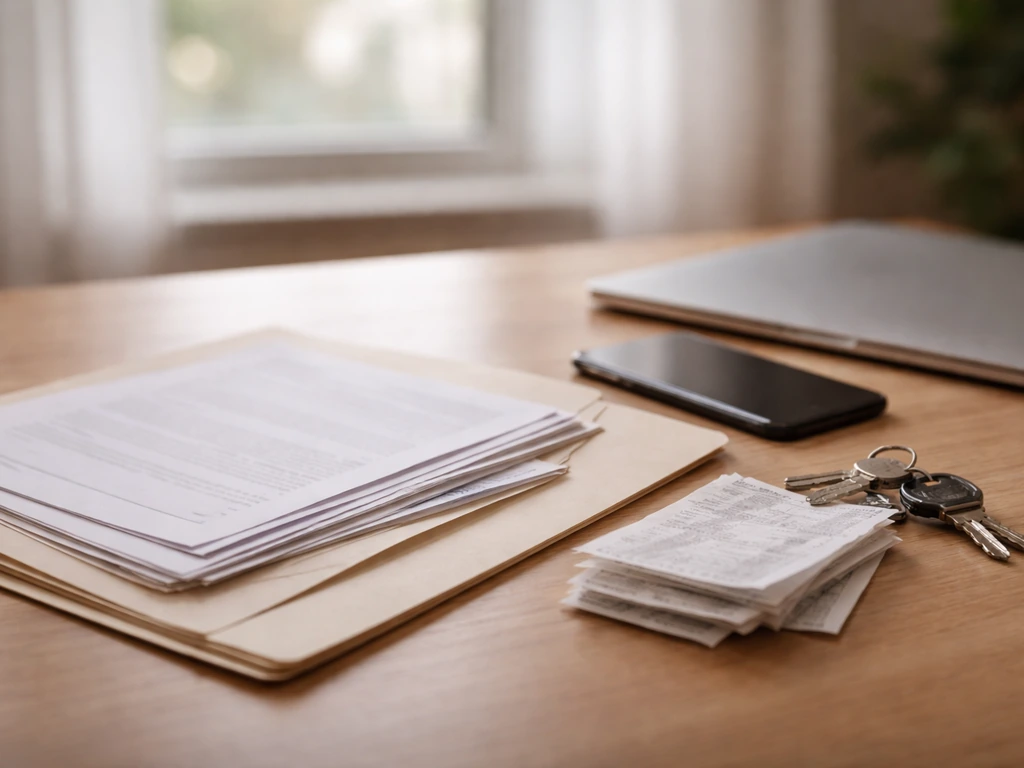 Minimal desk with generic documents, receipts, and a key ring, suggesting layered net worth records.