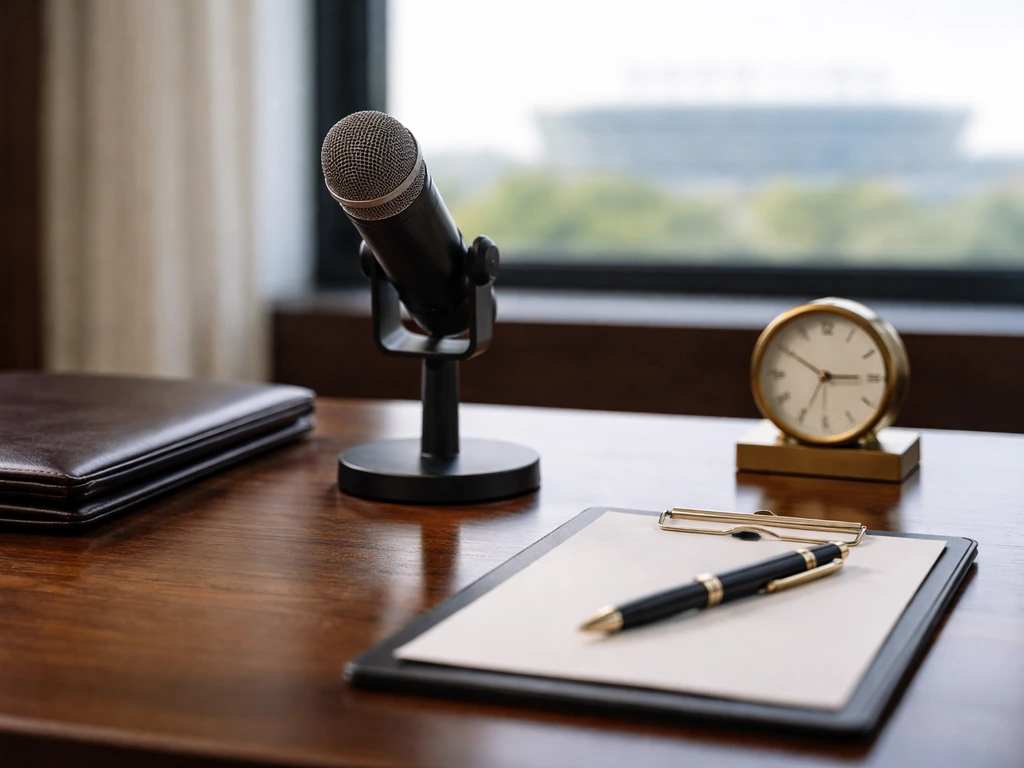 Minimal executive desk with microphone and soft stadium silhouette in the background, symbolizing business legacy