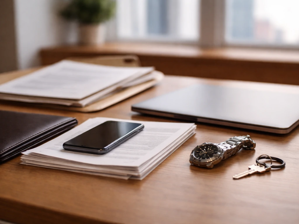 Minimal office desk with documents and a watch, symbolizing assets and debts for a net worth calculation