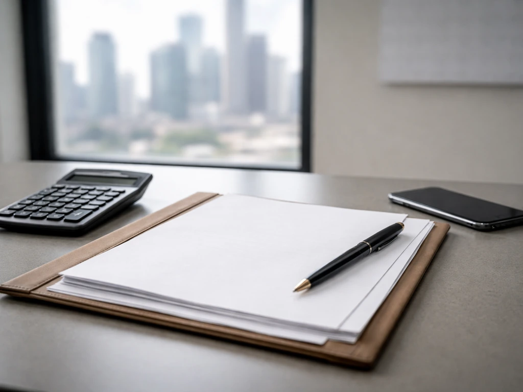 Minimal business desk with blank financial papers, calculator, pen, and blurred city view for deal verification.