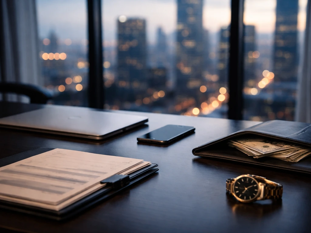 Minimal executive desk with laptop, financial reports, and blurred money symbolizing a net worth range snapshot.