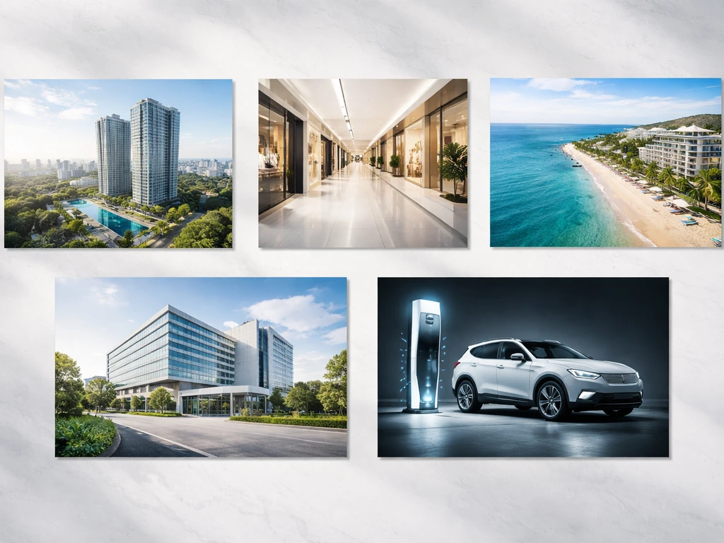 Overhead photo collage showing five business verticals—real estate, retail, hospitality, healthcare, and EV—without text