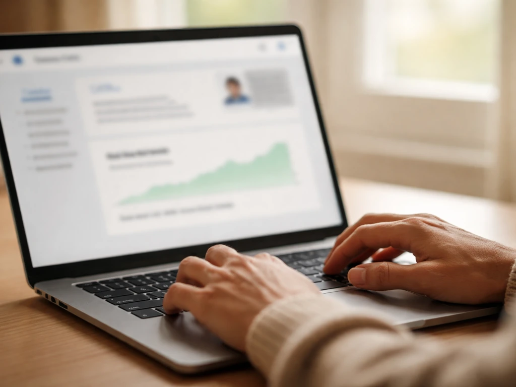 Blurred laptop screen with a real-time net worth module and timestamp, hands hovering during online checking.