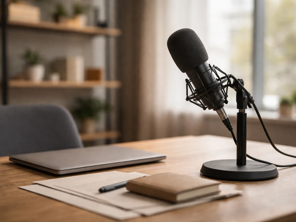 Minimal desk scene with audio gear and a laptop, symbolizing media business and reliable net-worth estimation.
