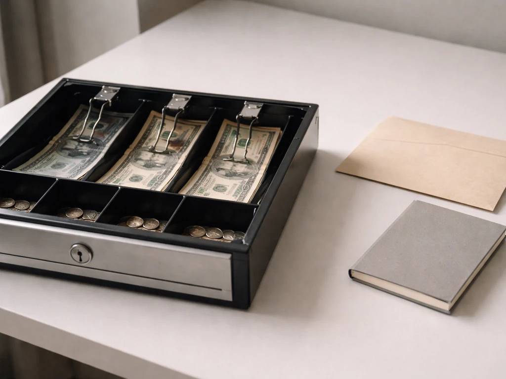 Open cash drawer beside a small notebook and envelope, suggesting assets minus liabilities in a minimalist setup