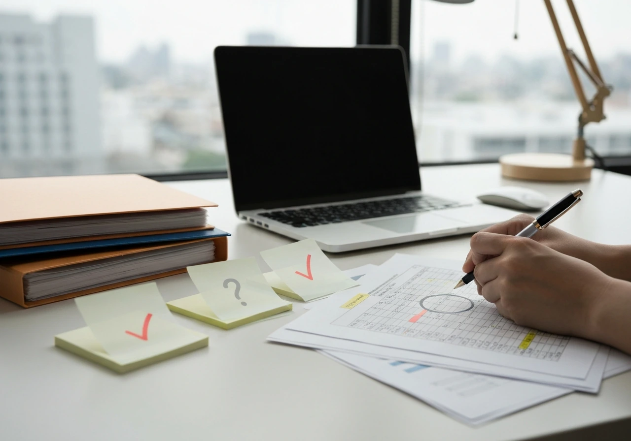 Hands annotating a printed spreadsheet with check and question marks on a simple desk