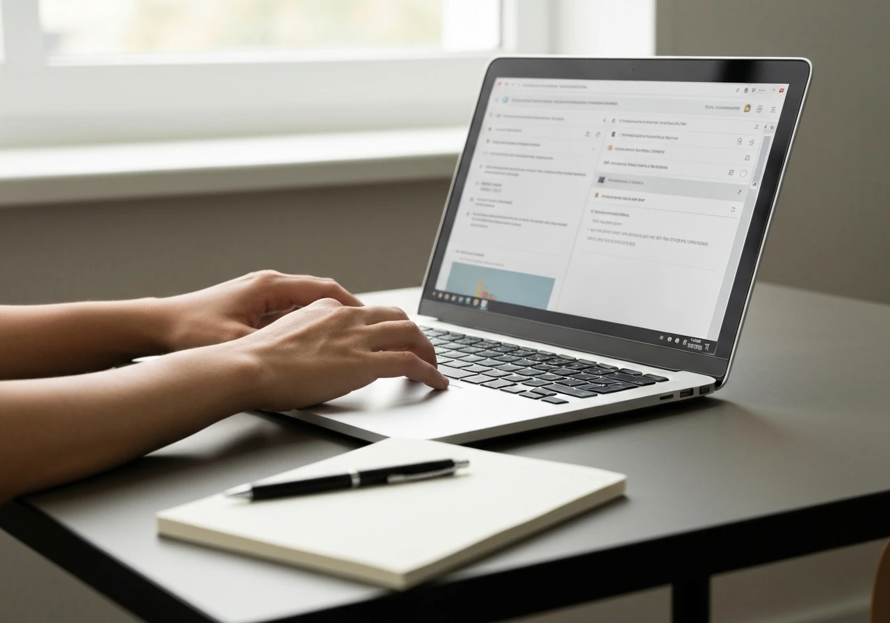 Hands using a laptop to review corporate filings online in a quiet home office setting