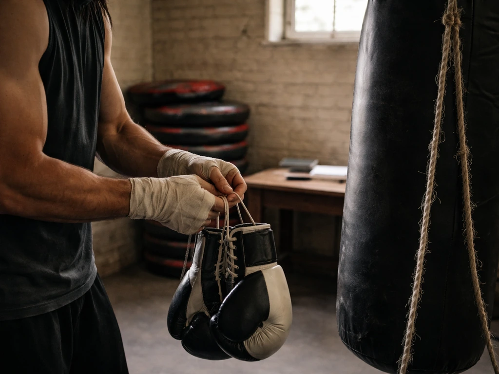Anonymous boxing gym scene with a trainer tying gloves beside a heavy bag and a finance-like desk corner.