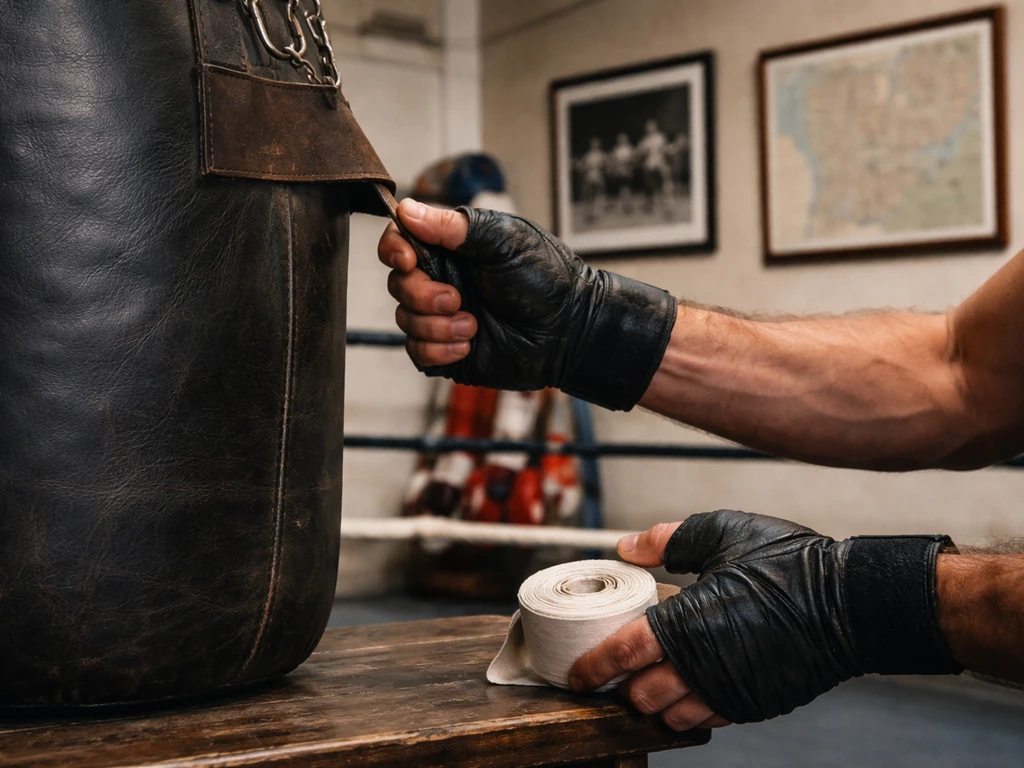 Boxing gym scene with trainer’s gloved hands adjusting a heavy-bag strap and wraps, with blurred gym decor.