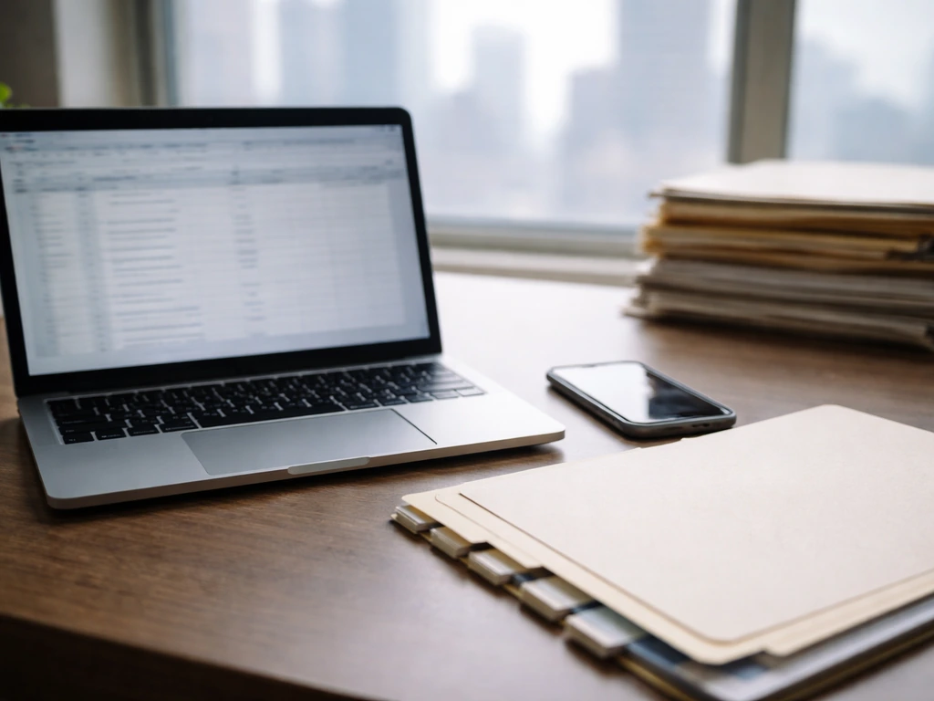 Minimal desk with laptop, phone, and blank documents symbolizing verification of net worth claims