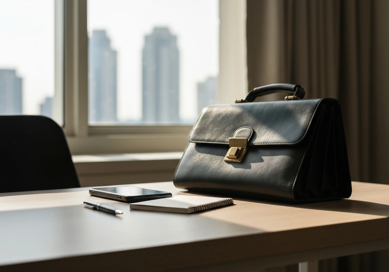Minimal office desk scene with a smartphone and briefcase symbolizing business income verification and net worth researc