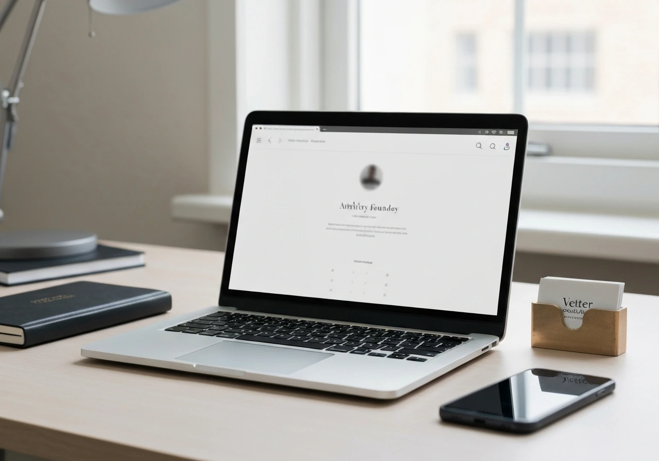 Minimal desk scene with a blurred business website on a laptop, evoking founder attribution without text.