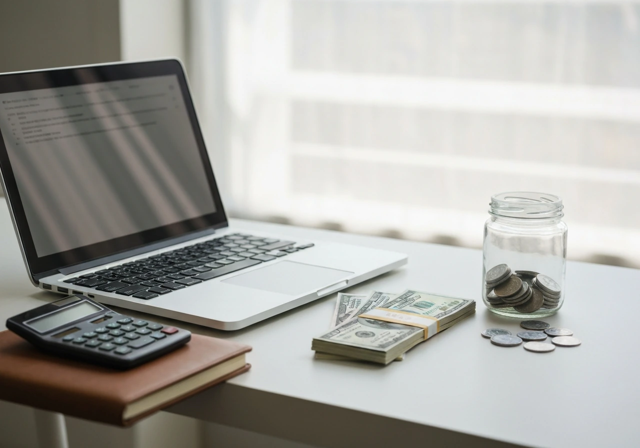 Minimal office scene with a calculator and cash beside a laptop, symbolizing an estimated net worth range