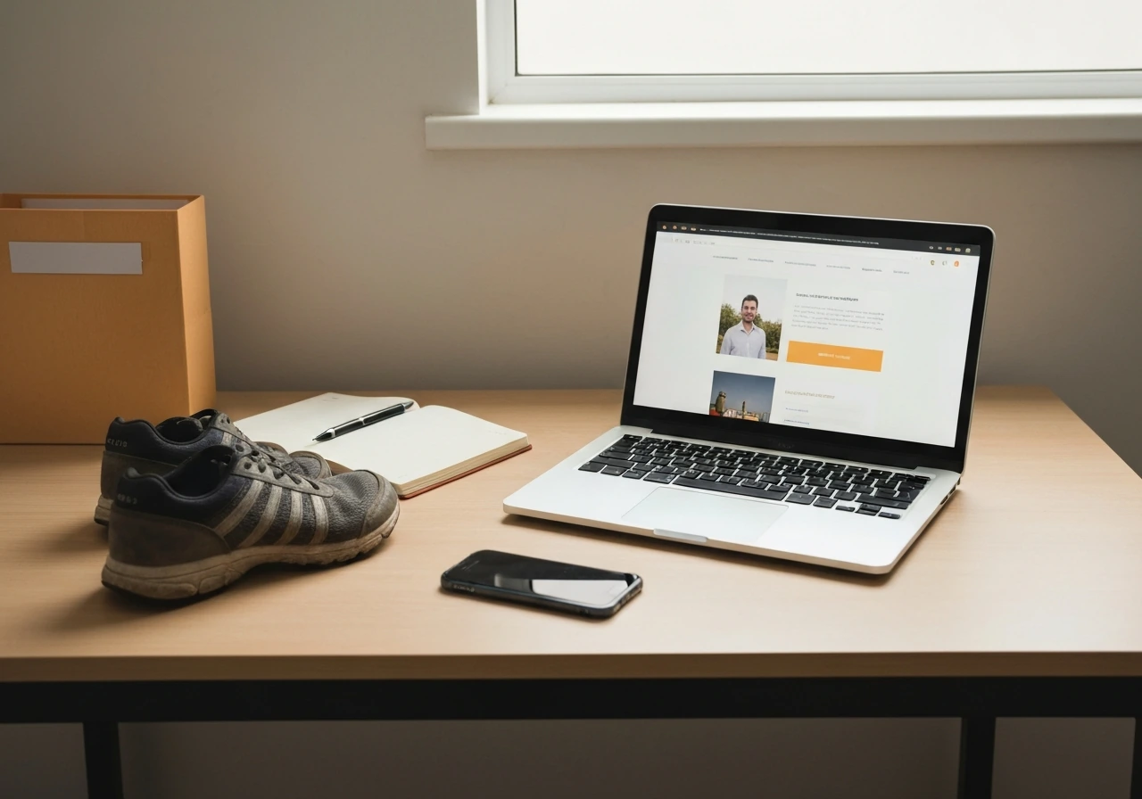 Quiet desk setup with laptop showing a business website layout, notebook, and running footwear nearby