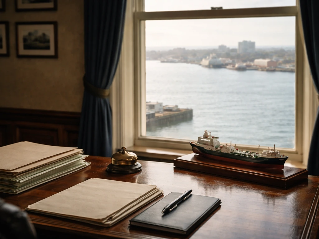 Minimal photo of Atlantic Canada business wealth symbolism: historic shipyard office desk with documents and a model ves