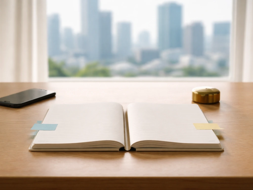 Minimal photo of a split notebook and blurred city skyline, symbolizing choosing between different “Irving” possibilitie