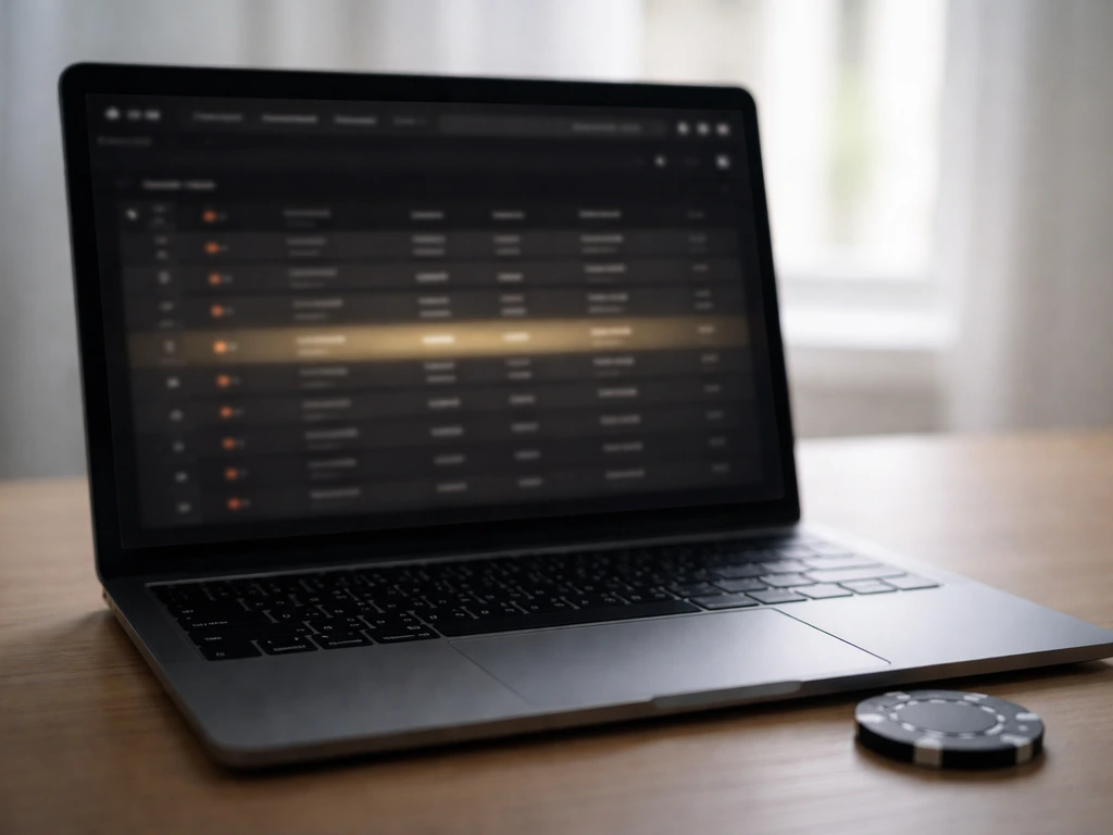 Laptop on a wooden desk displaying a poker earnings database layout with one highlighted row.